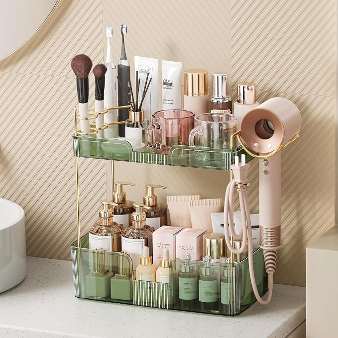 Bathroom Counter Organizer for Vanity, Makeup Organizer Countertop with Holder, Large Capacity Storage Rack, Perfect Large Skincare, Hair Care, Perfume, Easy to Install (Green, 2Tiers)