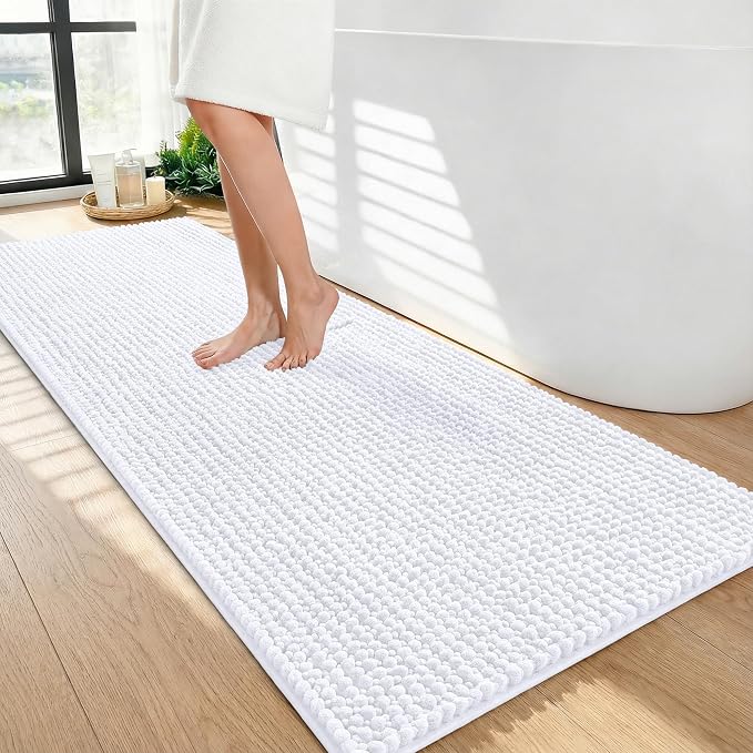 OLANLY Thick Bathroom Runner Rugs 47x24, Extra Soft Absorbent Chenille Bath Rugs, Rubber Backing, Machine Wash Dry, Long Bath Mats for Bathroom Floor, Tub and Shower, Home Decor Accessories, White