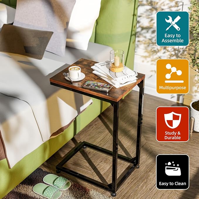 Simple Trending C Shaped End Table, TV Tray for Couch, Small Side Table with Metal Frame, for Living Room Bedroom, Rustic Brown