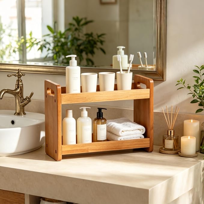 Bathroom Counter Organizer, 2 Tier Bathroom Countertop Organizer, Bathroom Counter Shelf, Wooden Makeup Organizers Countertop, Bathroom Vanity Organizers and Storage for Bedroom, Gifts