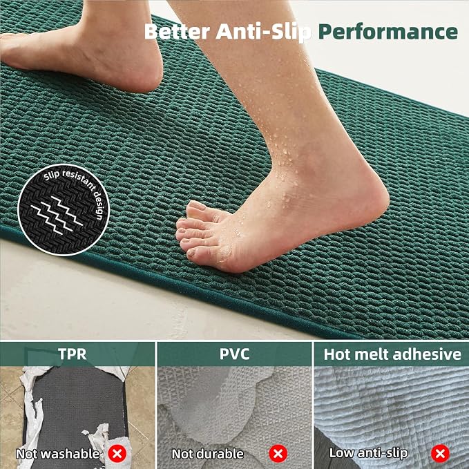 TYUU Bathroom Runner Rugs, Long Bath Mat Runner Washable Thin Quick Dry Low Pile Bathroom Runner Rugs Non Slip, Dark Green 16"x60"