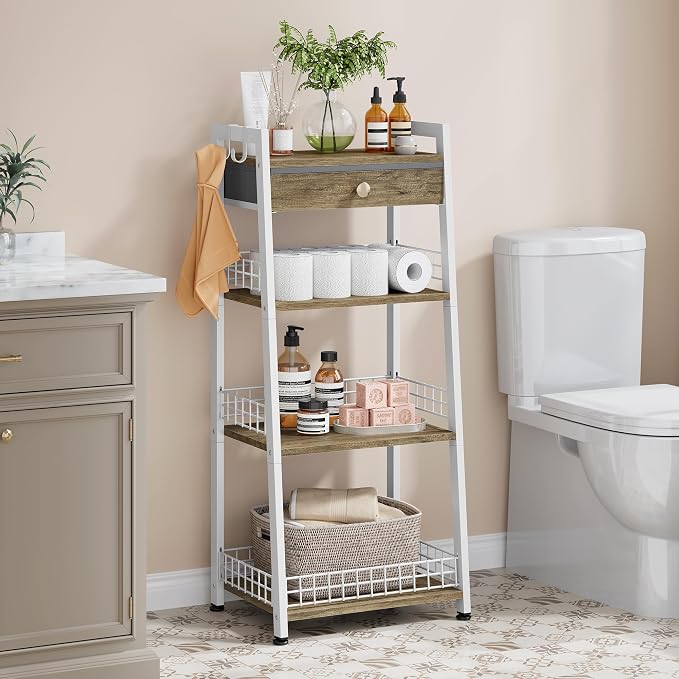Gewudraw 4-Tier Ladder Shelf with Drawer, Bathroom Table Stand for Small Space, Standing Bathroom Shelves with Storage for Living Room Kitchen Bedroom, Organizer Shelf, White
