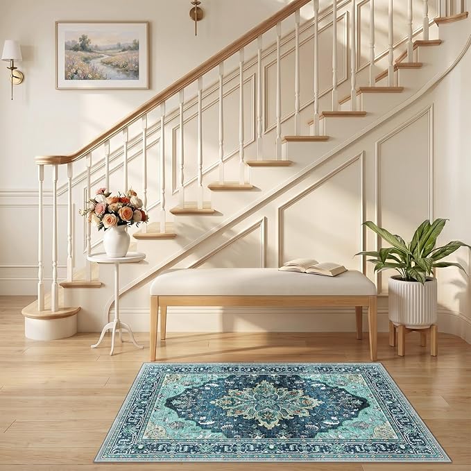 RELEANY Area Rugs Small 2'6"x4' Washable Non-Slip, Floral Vintage Distress Medallion Carpet for Kitchen Entryway Bathroom, Teal Green Lake Blue Turquoise