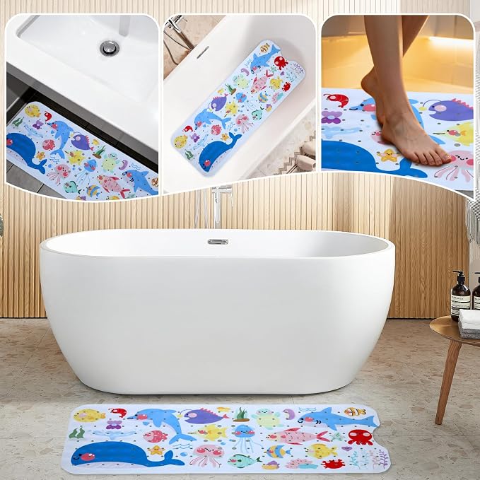 Baby Bath Mat for Tub Non Slip Kids Bathtub Mat Extra Long 40X16 Inch Toddler Bath Tub Shower Mat Anti Slip with Suction Cups & Drain Holes, Machine Washable (Sea Fish)