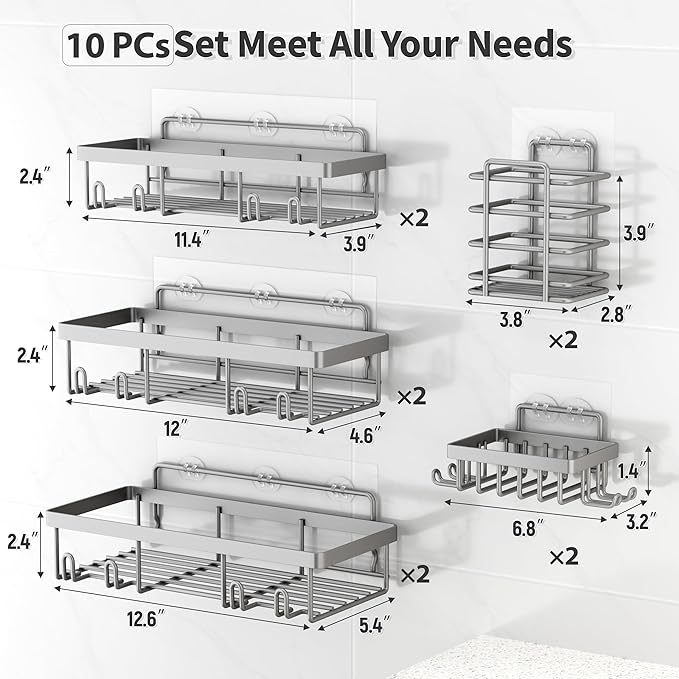 Liuoud 10 Pack Shower Caddy Organizer Rack Shelf for Inside Shower, Self Adhesive Wall Storage Basket Rustproof Stainless Steel Shampoo Holder Bathroom Accessory Decor Set, Grey