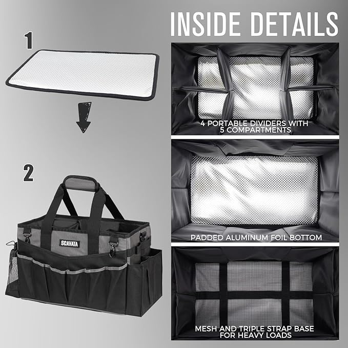 SCAVATA Wearable Cleaning Caddy Bag, Cleaning Caddy Supplies Organizer with Handle & Shoulder Straps for Housekeepers, Under Sink & Car Cleaning Tool Organizers with 4 Foldable Divider (DarkGrey)
