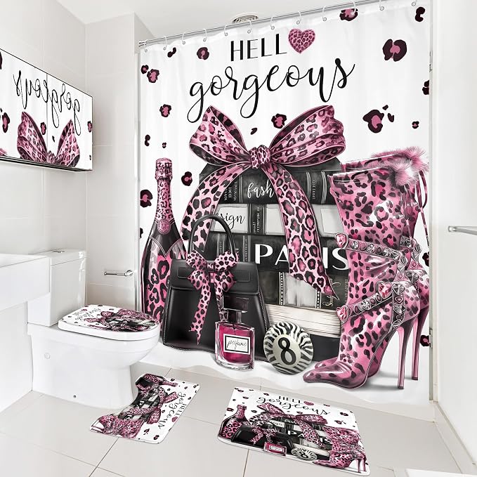 4Pcs Black and Pink Leopard Print Shower Curtain Set,Fashion Modern Girly Bow Perfume Striped Bathroom Curtain with Rug,Toilet Lid Cover, Bath Mat,High Heels Books Shower Curtain with 12 Hooks