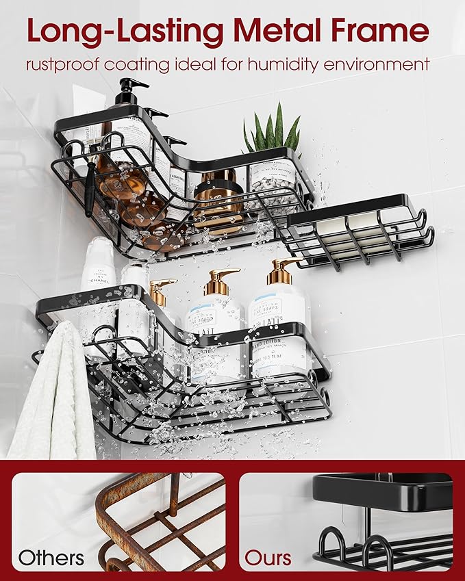 Sakugi Corner Shower Caddy - 3-Pack Shower Organizer with Soap Holder & Built-In Hooks, Rustproof Metal Shower Shelves, Laundry, Kitchen, Bathroom Organizers and Storage Solution, Large, Black