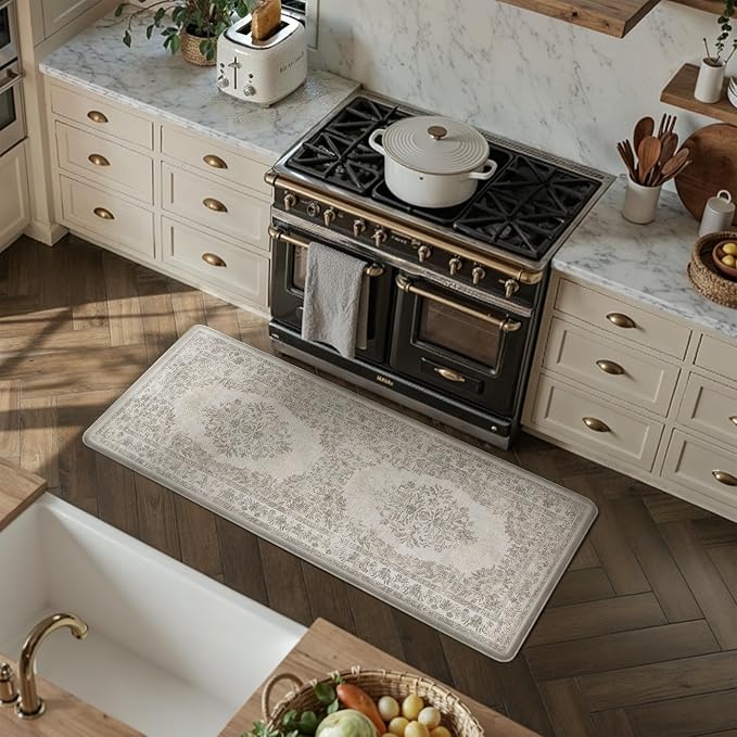 PureCozy Kitchen Mats 2PCS Anti Fatigue Cushioned Mat Beige Vintage Kitchen Mats for Floor Waterproof Non Slip Comfort Standing Medallion Floral Rug for Sink Laundry Office 17.3"x47"+17.3"x30"