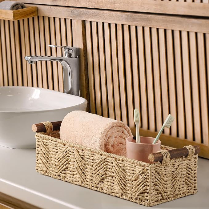 Bathroom Baskets for Organizing with Handle Decorative Basket for Bathroom Countertop Storage Toilet Paper Storage Basket for Toilet Tank Top Small Baskets Set,Beige