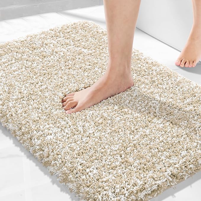 Yimobra Bath Rugs for Bathroom 32X20, Ultra Soft and Water Absorbent Bath Mats, Non Slip Plush Shower Mat Outside, Microfiber Mats for Bathroom Floor/Tub, Machine Washable, Light Beige and White