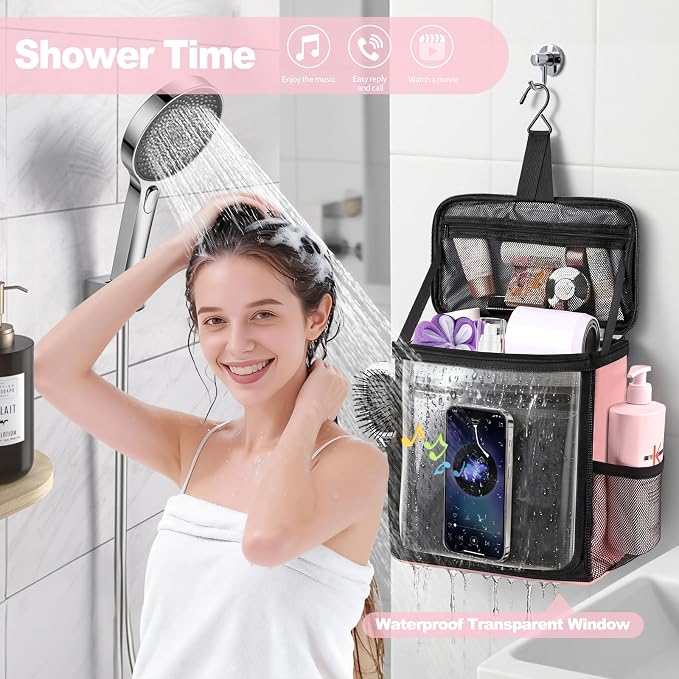 Portable Hanging Shower Caddy, Large Capacity Travel Toiletry Bag for Men & Women, Bath Organizer with Hook & Waterproof Phone Compartment, for Gym, Travel, Dorm, Picnic, Bathroom(Pink)