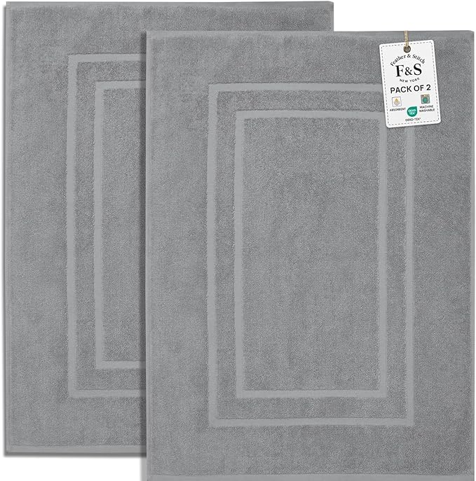 Feather & Stitch 2 Piece Towel Like Bath Mats (30x21 Inch) 100% Cotton Terry Bath Mats, Bathroom Shower Floor Mats [NOT A Bathroom Rug], Soft Absorbent Washable Mats - Dark Grey