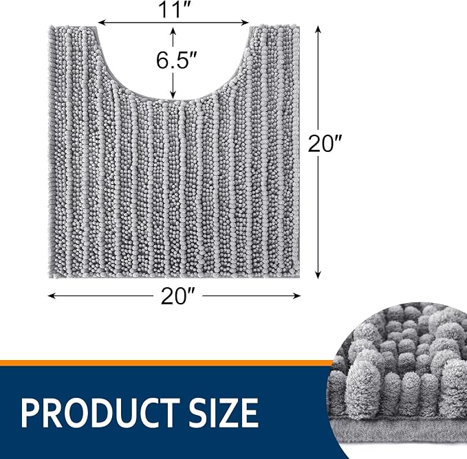 Smiry Bathroom Toilet Rugs U Shaped 20x20, Extra Soft Absorbent Non Slip Rubber Backing Chenille Contour Bath Rugs for Toilet, Machine Washable Contoured Bath Mats, Grey