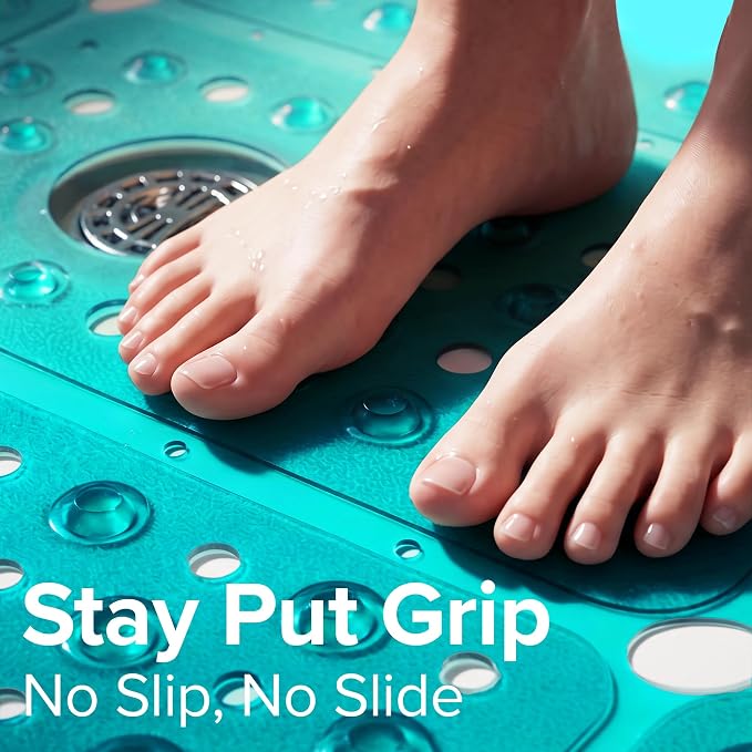 SlipX Solutions 27" Oversize Square Shower Mat, Non-Slip Mat for Elderly & Kids, 100+ Power Grip Suction Cups for Smooth Surfaces, Machine Washable, Transparent Aqua