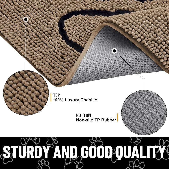 Smiry Dog Door Mat for Muddy Paws, Absorbent Dirt Trapper Non Slip Quick Dry Washable Chenille Mat for Mud Dogs, Entry Rug for Indoor and Outdoor (47x20 Inches, Camel and Black)