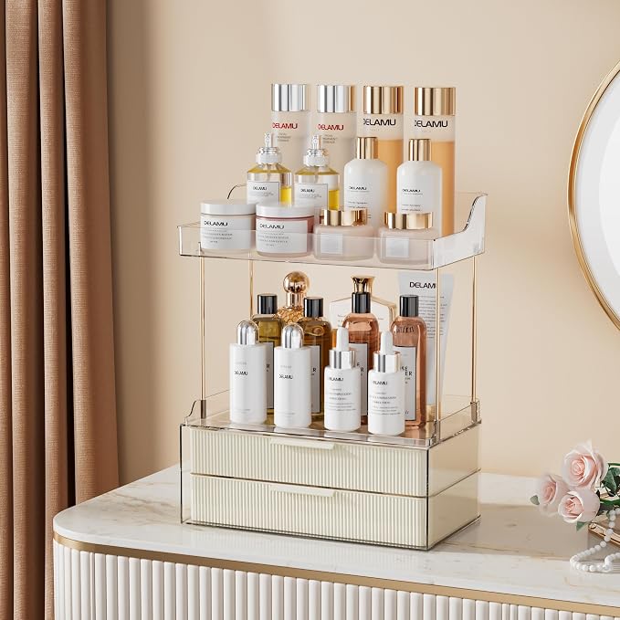 Delamu Bathroom Organizers and Storage, 2 Tier 2 Drawer Makeup Organizer Countertop, Easy to Install, Ideal for Bathroom Counter, Vanity, Ideal Gifts for Women Girls, Cream White