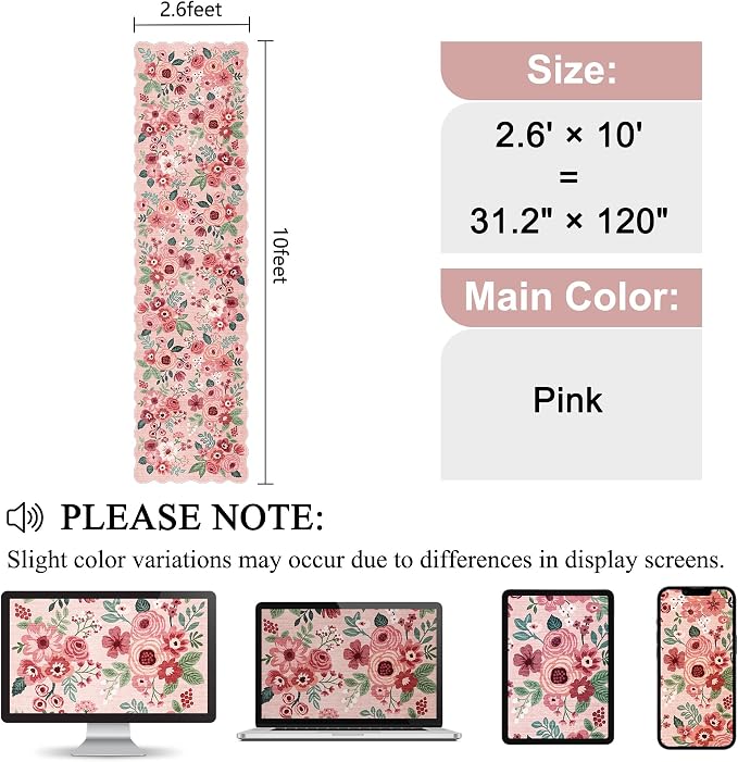 DUKINO 2.6x10 Runner Rug for Hallway, Lightweight Washable Floral Kitchen Rug with Non Shedding, Soft Low Pile & Non Slip Backing Boho Runner for Entryway, Bathroom, Laundry, Bedroom, Pink