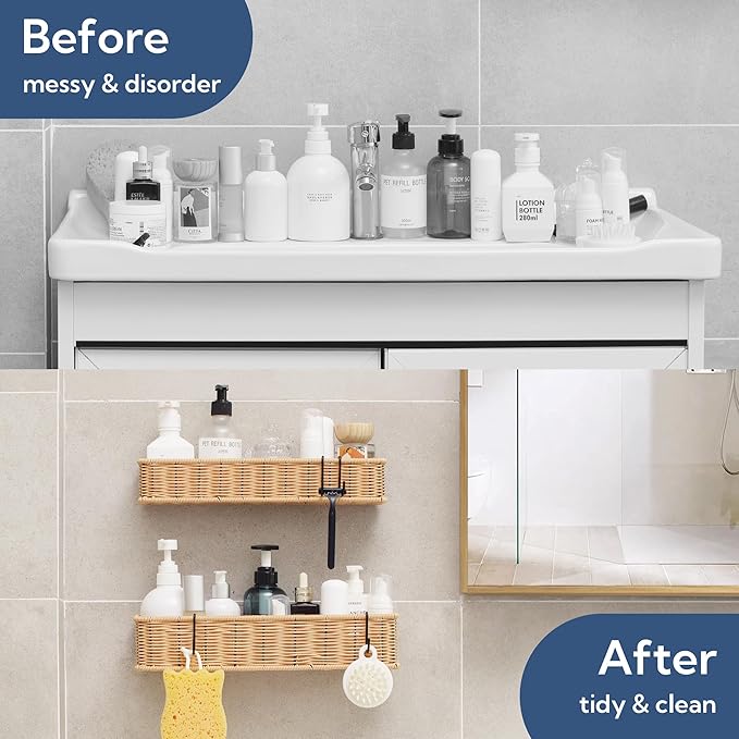 GRANNY SAYS Shower Caddy Hanging, 2 Pack Bathroom Shelves for Shower, Waterproof Shower Shelf for Inside Shower, Shower Shelves for Organization and Storage, Wicker Shower Rack for Home Decor, Natural