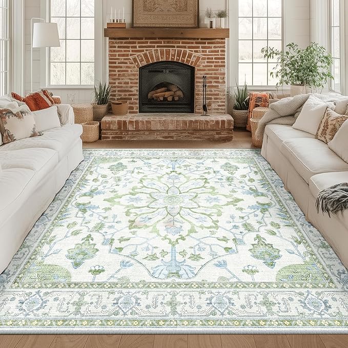 RELEANY Area Rugs Square 8ft Washable Non-Slip, Floral Vintage Distress Medallion Carpet for Living Room Bedroom Dining Room, Green White Blue