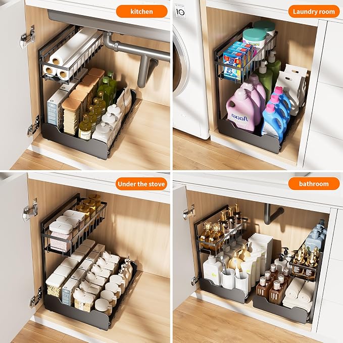 PureBox Under Sink Organizer, 2-Tier L-Shaped Pull Out Cabinet Shelf with 2 Installation Methods, Adjustable Sliding Storage Drawer for Kitchen, Bathroom, Laundry, Metal, Black