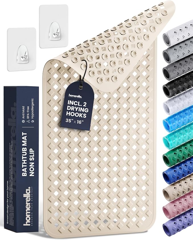 Bathtub Mat Non Slip 35x16 - homerella® Bath Mat Incl. Hooks for Drying, Extra Long, 100% BPA Free, Shower Mat Non Slip Anti Mold, Machine Washable, Shower Mats for Inside Shower Mildew Resistant