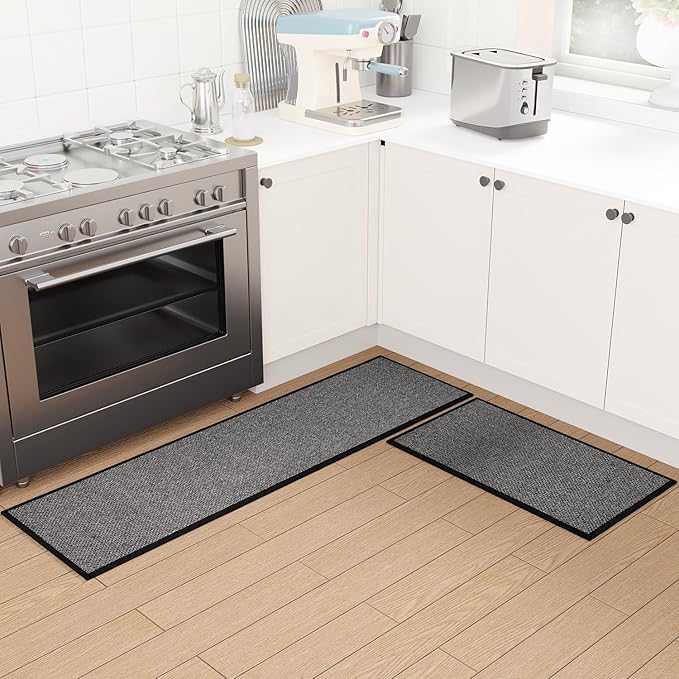 SUMLANS Kitchen Mat Set of 2 PCS, Cushioned Non Slip Rugs for Kitchen Floor, Absorbent Runner Comfort Standing Mats Washable for Kitchen, Office, Home (Black, 17.3"x30"+17.3"x60")
