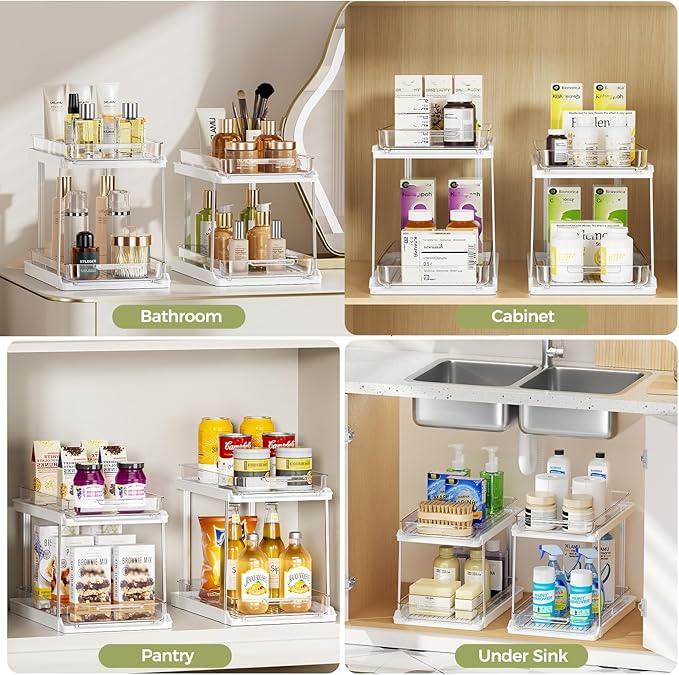 Delamu 2-Tier Bathroom Under Sink Organizers and Storage, Pull Out Cabinet Drawers with Anti-Slip Design, Multi-Purpose Storage for Kitchen, Pantry, Bathroom & Home Organization, White, 1 Pack