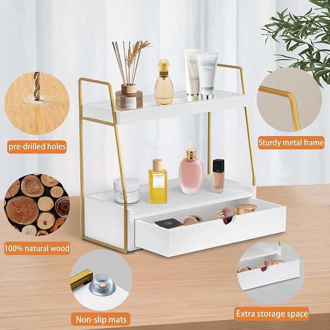 2-Tier Bathroom Organizer Countertop with Drawer, Wood Counter Organizer for Bathroom Decor, Sink Shelf for Vanity Storage, Makeup Tray for Perfume Skincare, Spice Rack Bedroom Kitchen Corner