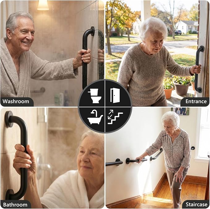 2 Pack Shower Grab Bars for Bathroom 16 Inch Black Stainless Steel Anti-Slip Knurled Grip Home Care Bath Handrail Safety Hand Rail Support for Showers Seniors Elderly Assist Handicap Bath Handle