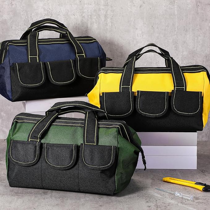 Sanwuta 3 Pack Tool Bag for Men with Waterproof Hard Bottom, Heavy Duty Tool Bag Wide Mouth Tote for Various Instrument, Electrician Carpenter Mechanic(Blue, Green, Yellow,16 Inch,Classic)