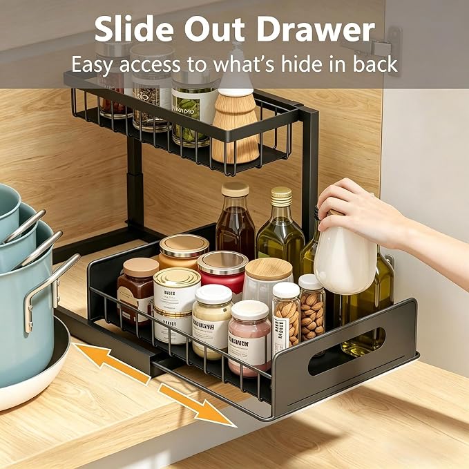 Ceetug Under Sink Organizers and Storage 2 Tier Slide Out Kitchen Cabinet Organizer Sturdy Metal Bathroom Storage (Black, 1 Pack)