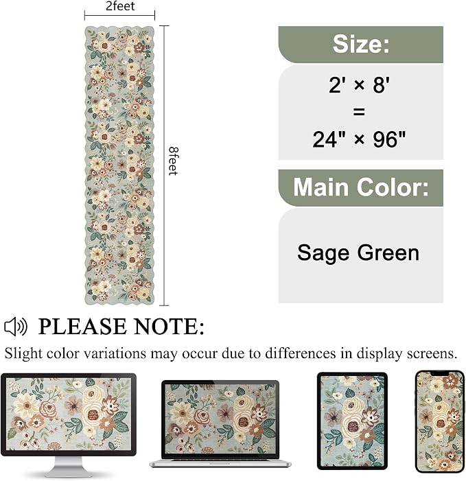 DUKINO 2x8 Washable Runner Rug, Soft Floral Hallway Rug Runner with Low Pile Design, Non Shedding & Non Slip Backing Thin Indoor Carpet for Bedroom, Bathroom, Entrance, Kitchen, Sage Green