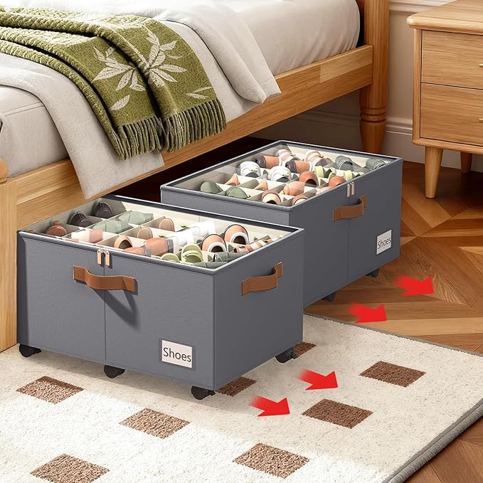 Shoe Organizer for Closet, 2 Pack Shoe Storage Organizer with Wheels and Adjustable Dividers, Stackable Shoe Storage Box with Clear Cover, Foldable Closet Shoe Organizer Fits up to 24-48 Pairs, Gray