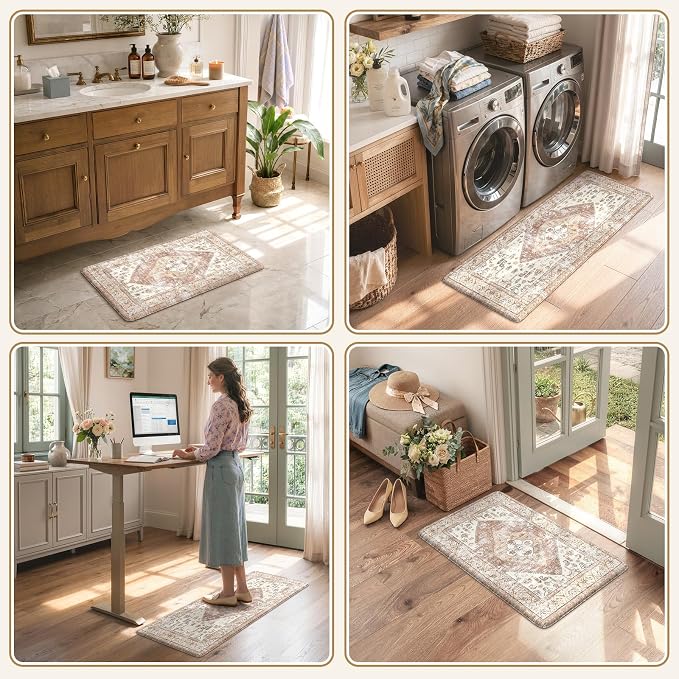 KIMODE Farmhouse Kitchen Mats Cushioned Anti Fatigue Khaki Kitchen Rugs Sets of 2, Non Slip Waterproof Kitchen Floor Mats, Ergonomic MemoryFoam Standing Mat for Laundry Room Decor, Office, Sink, Desk
