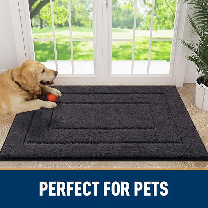 Smiry Dog Door Mat for Muddy Paws, Absorbs Moisture and Dirt, Low-Profile Entryway Mat with Non-Slip Backing, Entry Indoor Outdoor Doormat for Inside Floor (30x20 Inches, Dark Grey, Bordered)