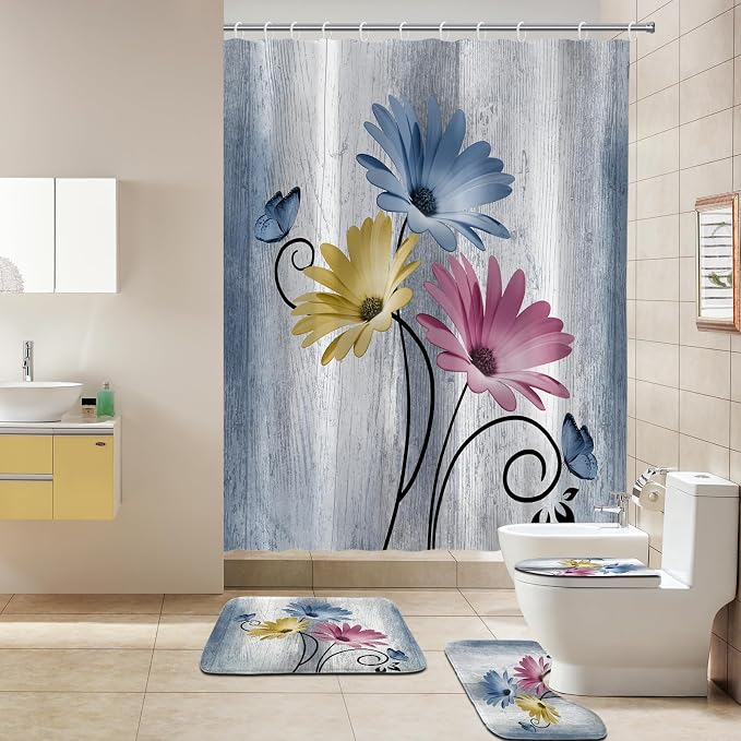 Onalasyc 4PCS Country Hot Pink Daisy Flower Farmhouse Shower Curtain Set with Shower Curtain and Carpet and Accessories, Waterproof Bathroom Shower Curtain Decorative Set with 12 pcs Hooks,71 x 71in