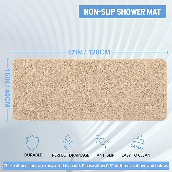Hargiis Non-Slip Bathtub Mat, Anti Slip Shower Mat, Fast Drying Bathtub Mats, Foot Scrubber Mat, Anti Slip Mat for Tub, Floor, Bathroom, Kitchen, Home, Hotel (Beige 47"×16")