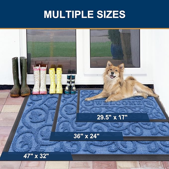 Smiry Welcome Door Mat Outside Entrance, Heavy Duty Trap Dirt and Moisture Easy Clean Low Profile Patio Porch Indoor Outdoor Front Doormat for Entry, 35x23 Inch, Blue