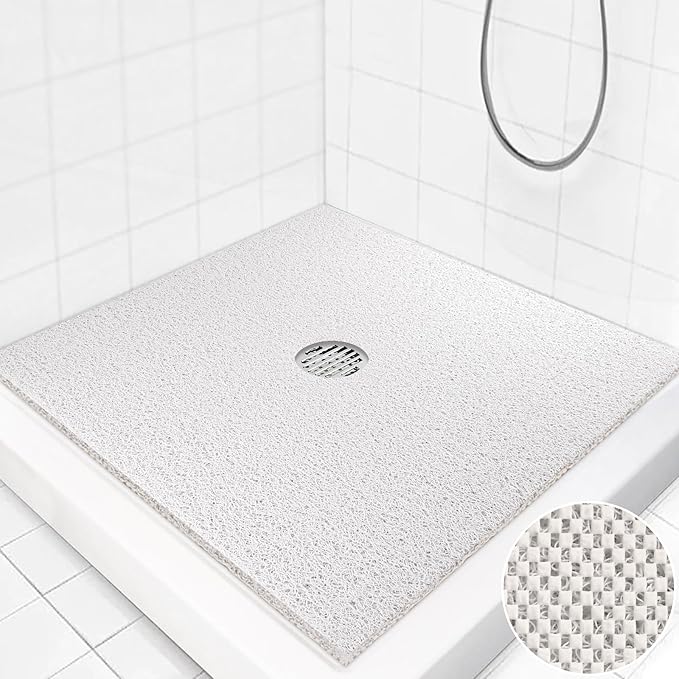 Square Shower Mat Non Slip: 27 x 27 Inch Extra Large Loofah Shower Mats for Inside Shower - Anti Slip Shower Stall Matt with Drain Hole in Middle