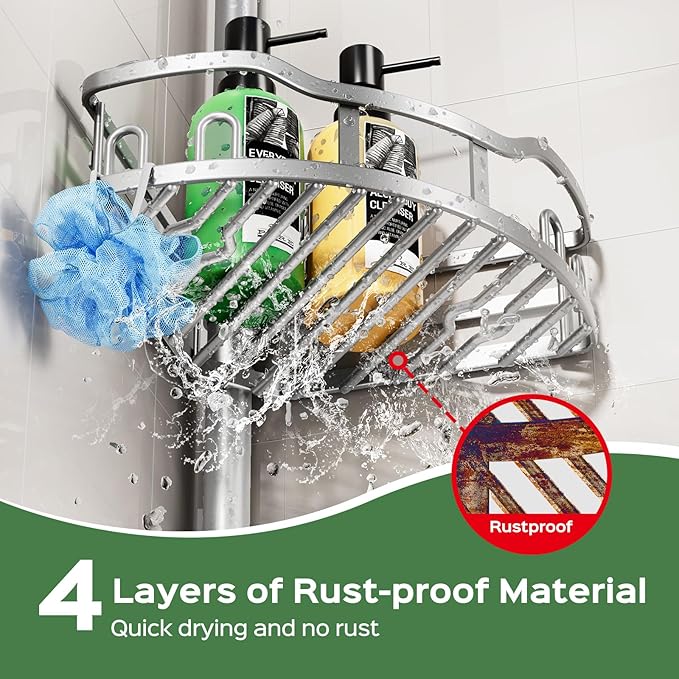 HAMITOR Shower Caddy Tension Pole: Rustproof Quick Install Corner Bathroom Organizer Shelf on Floor for Renters - 4-Tier Large Capacity Storage Rack with Soap Holder for Apartment -47-121 Inch/Silver