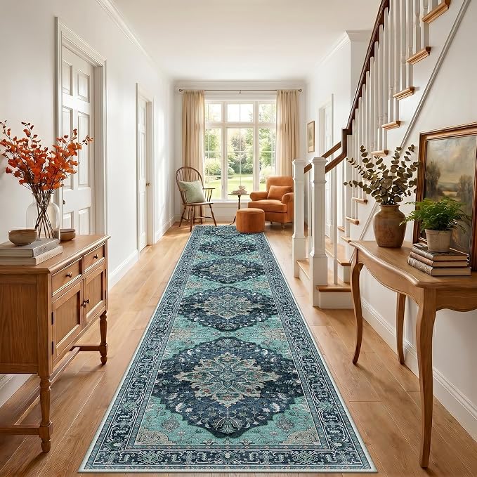 RELEANY Area Rugs Runner 3'x20' Washable Non-Slip, Floral Vintage Distress Medallion Carpet for Kitchen Hallway Bedroom Beside Laundry Room Bathroom, Teal Green Lake Blue Turquoise