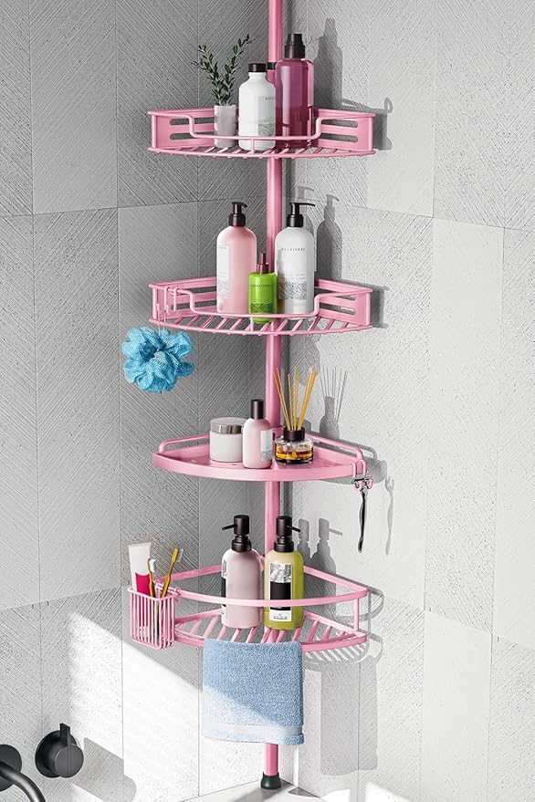 HAMITOR Corner Shower Caddy Tension Pole: Quick Installation 4-Tier Rustproof Bathroom Organizer Shelves for Bathtub Shampoo Storage - 47-121 inch Adjustable Floor Standing Bath Rack Holder - Pink