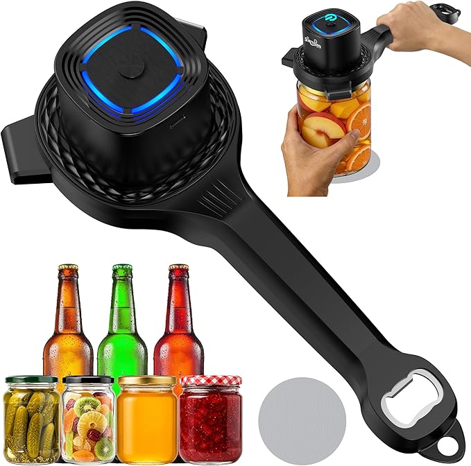 Electric Jar Opener for Seniors with Auto-Adjusting Gripper, Rechargeable Jar & Bottle Openers for Weak Hands and Arthritis, Easy Twist Off Lid Opener with Rubber Gripper Pad, Fits 1"-3.5" Lids(Black)