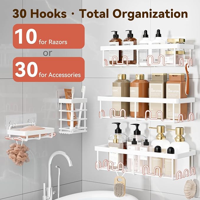 YASONIC Shower Caddy Adhesive, 100% Rustproof Shower Organizer with Soap and Toothbrush Holder, Large Capacity Shower Shelves for Inside Shower, No Drill Shower Storage for Home (5 Pack White)