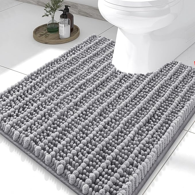 Smiry Bathroom Toilet Rugs U Shaped 24x20, Extra Soft Absorbent Non Slip Rubber Backing Chenille Contour Bath Rugs for Toilet, Machine Washable Contoured Bath Mats, Grey