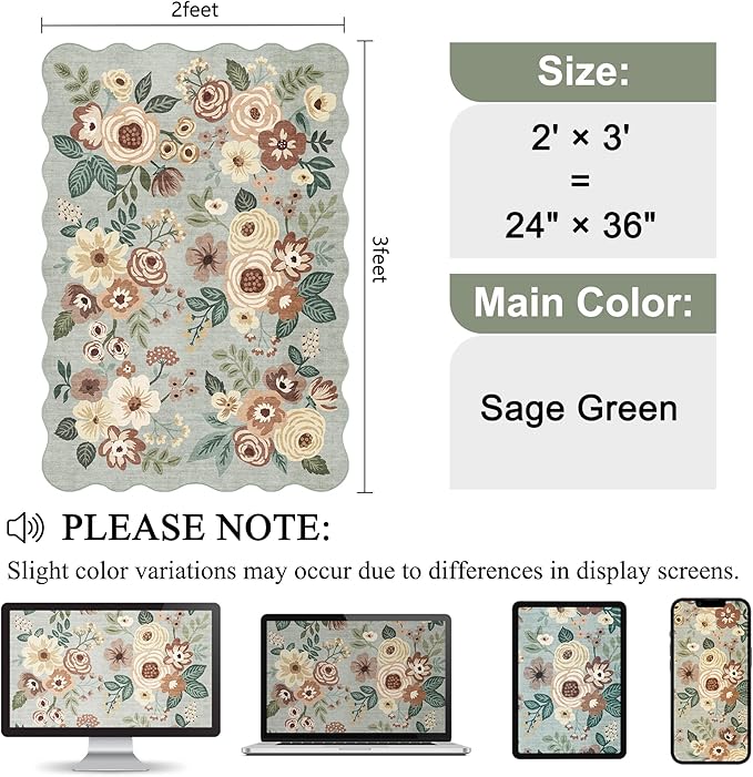 DUKINO 2x3 Entryway Rug, Floral Washable Indoor Door Mat with Non-Slip Backing, Soft Low Pile Small Front Door Throw Rugs for Entryway, Kitchen, Bedroom, Laundry, Bathroom, Sage Green