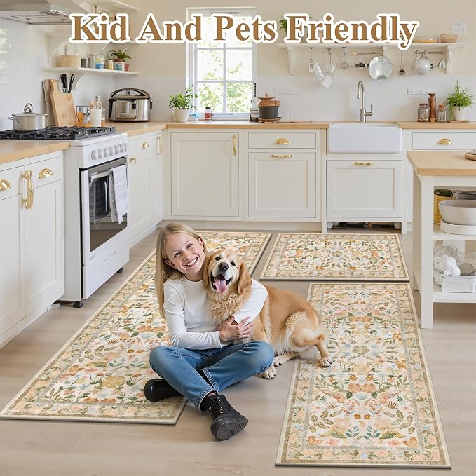 HEBE Boho Kitchen Rugs Sets of 3, Non Slip Washable Kitchen Mats for Floor, Farmhouse Kitchen Carpet Runner Rug Set for Sink, Stove, Laundry Room & Hallway