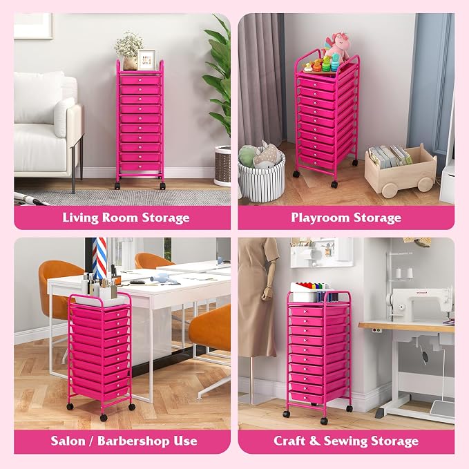 10-Drawer Rolling Storage Cart, Trolley w/Lockable 360° Wheels, 10 Removable PP Drawers, Sturdy Metal Frame, Rolling Utility Cart Perfect for Home, Office, Classroom (Hot Pink)