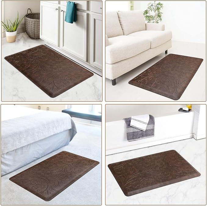 KMAT 2PCS Kitchen Mat Cushioned Anti-Fatigue Floor Mat,Waterproof Non-Slip Standing Mat,Ergonomic Comfort Floor Mat Rug for Home,Office,Sink,Laundry,Desk(17.3"x28"+17.3"x28",Brown)
